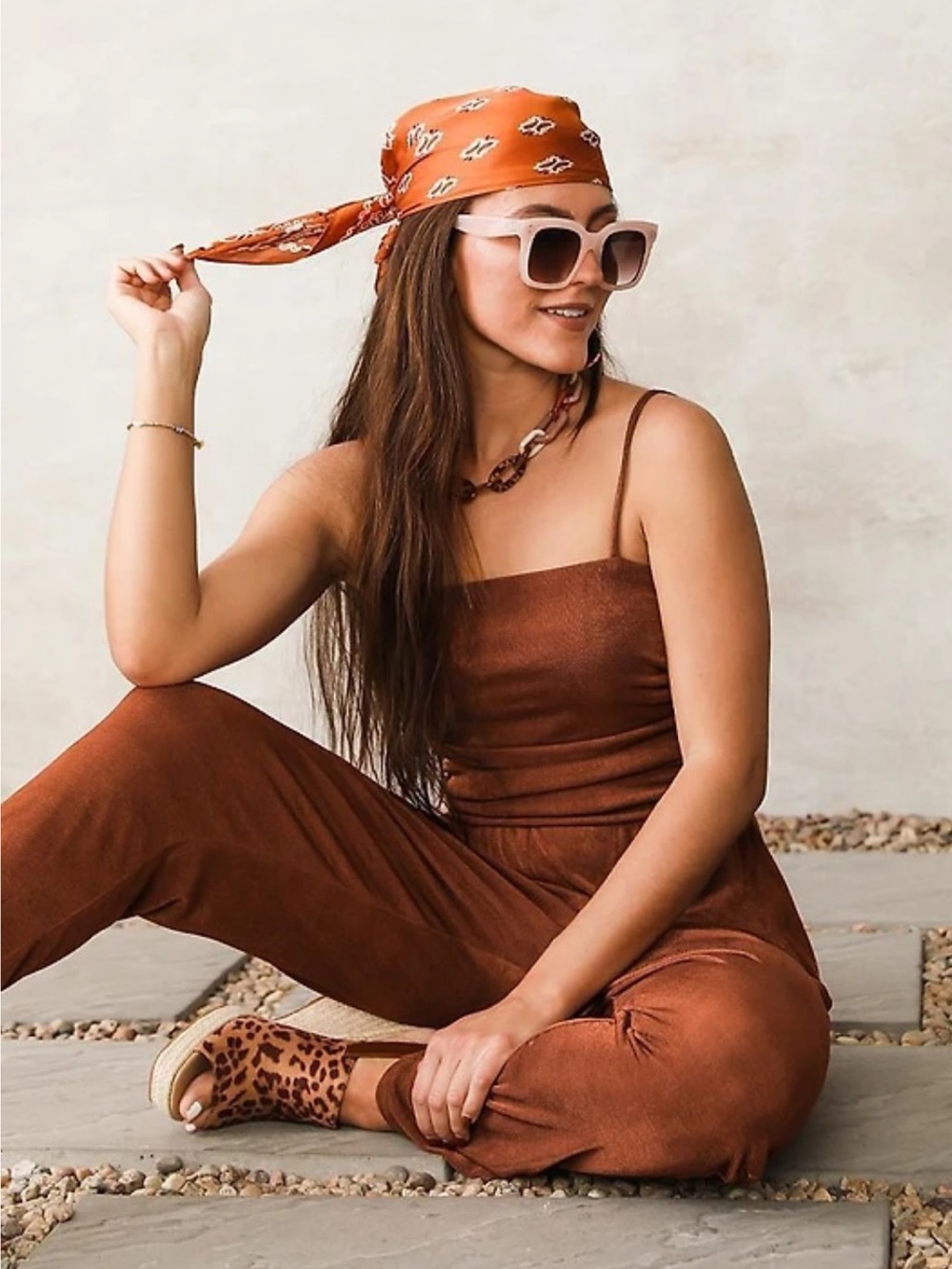 A Peach Buckle Women XS Rust Sleeveless Metallic Ruched Slinky Jumpsuit NWT